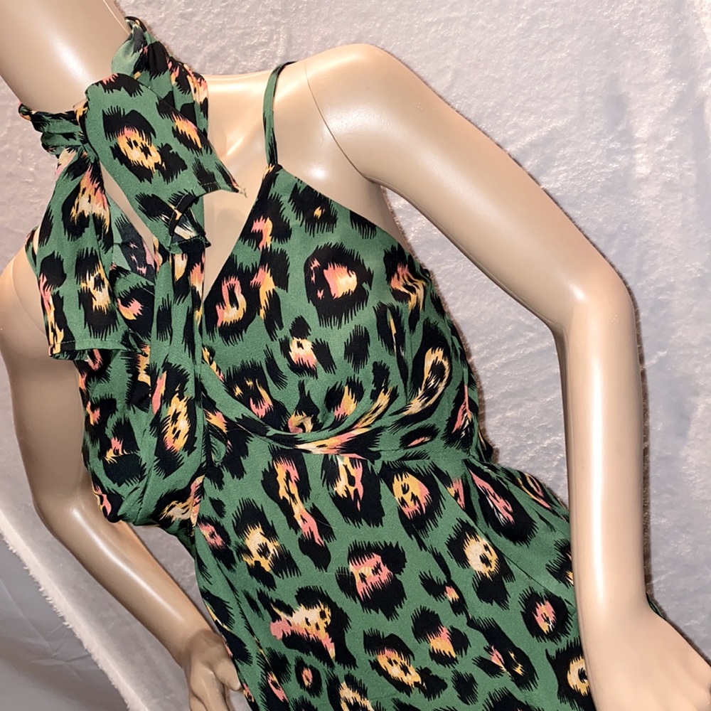 🐆 Leopard print green orange safari dress versatile scarf adjust straps. Size S